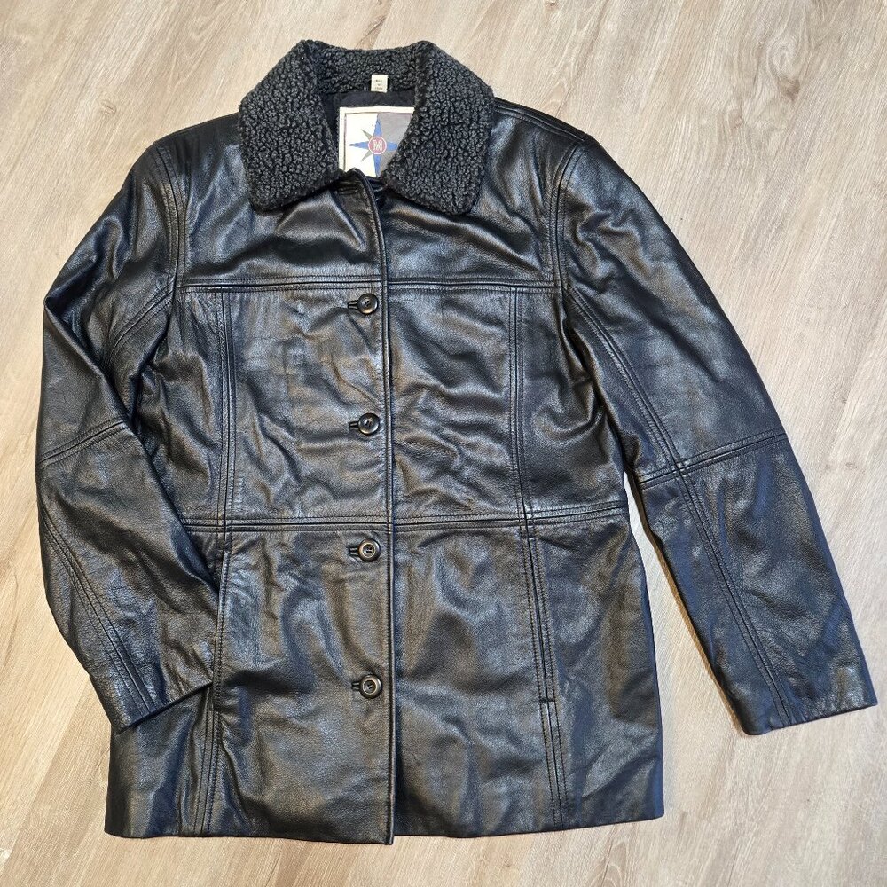 Vintage Middlebrook Park Jacket Women's Medium Black Leather Sherpa Collar